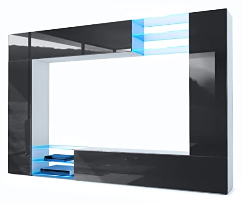 Vladon Wohnwand Mirage, Anbauwand mit Rückwand mit 2 Türen, 2 Klappen und 6 offenen Glasablagen, Weiß matt/Schwarz Hochglanz, inkl. LED-Beleuchtung(262 x 183 x 39 cm)