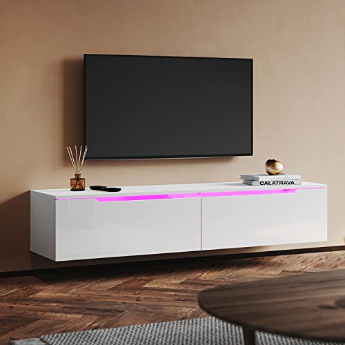 SUNXURY TV Lowboard Hängend mit LED Beleuchtung, Hochglanz Weiß 140 x 35 x 30 cm Holz Wohnzimmer