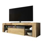 Selsey BIANKO – TV-Lowboard/Fernsehschrank Stehend Holzoptik Eiche Lancaster mit Klapptür 140 cm (mit LED, Holzoptik Eiche Lancaster)