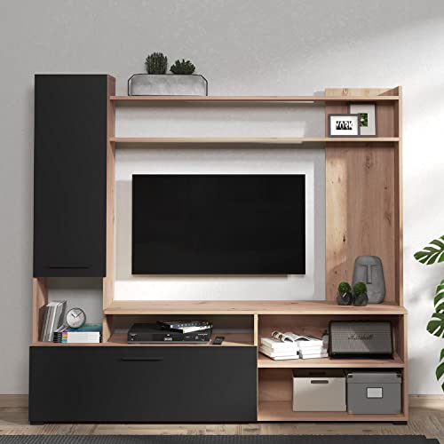 Homestyle4u 2295, Wohnwand Wohnzimmer Modern Schwarz Eiche Holz Möbel Schrankwand Anbauwand Komplett-Set