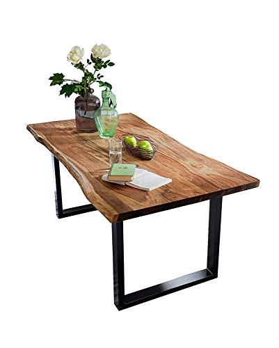 SAM Baumkantentisch Quarto 200x100 cm, Akazienholz massiv + nussbaumfarben, echte Baumkante, Esszimmertisch mit schwarz lackierten Beinen, jeder Esstisch ein Unikat
