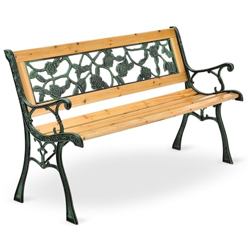 Juskys Gartenbank Venezia - 2-Sitzer Holzbank mit Armlehnen & Rückenlehne - wetterfeste Sitzbank 122x54x73 cm - Seitenelemente aus Gusseisen