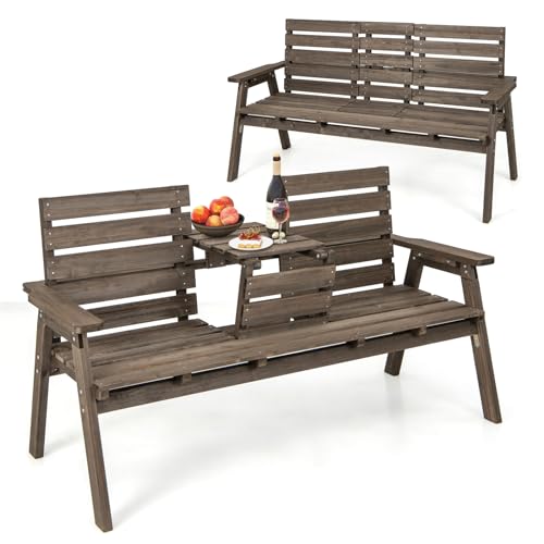 COSTWAY Gartenbank mit Tisch, Holzbank für 2–3 Personen, Bank mit klappbarem Mitteltisch, bis 320 kg, Sitzbank mit Rückenlehne, Parkbank Tannenholz, für Balkon, Garten, Terrasse, 160x64x86cm, Braun