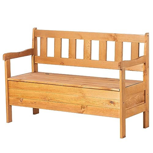 KADAX Gartenbank, 120x47x81,5cm Banktruhe aus einer Holzfaserplatte, Sitz-Bank mit Stauraum und Rücklehne, Wetterfeste Holzbank für Garten, Balkon (120cm/Braun)