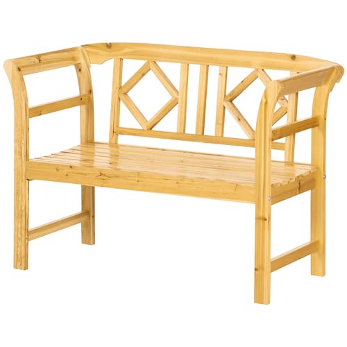 Outsunny Gartenbank, 2-Sitzer Parkbank mit Rückenlehne, Wetterbeständige Holzbank im Landhausstil, Terrassenbank für Balkon, Garten, max. 240 kg, Natur, 116 x 53 x 83 cm