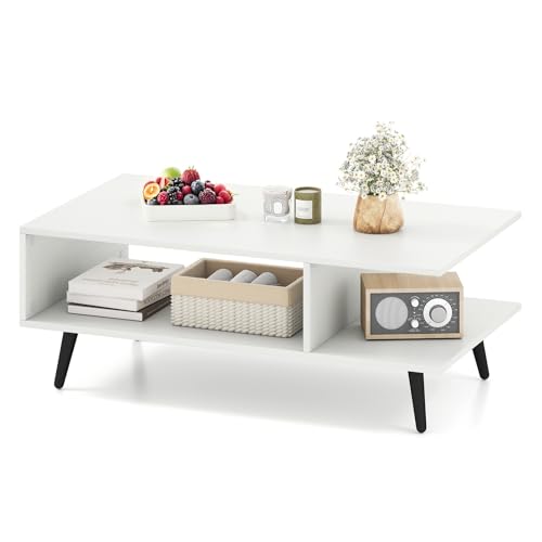 LIFEZEAL Couchtisch, Sofatisch mit 2 Ablagen & offenen Fächern, Moderner Wohnzimmertisch Kaffeetisch, 80 x 45 x 30 cm, Max. 80 kg (Weiß)