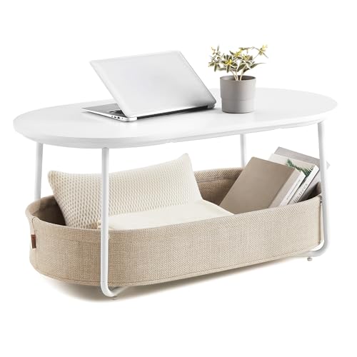VASAGLE Couchtisch oval, Tisch mit Stauraum, Beistelltisch, Wohnzimmertisch mit Korb aus Stoff, modern, Metallrahmen, mattweiß-Kamelbraun LCT222W10