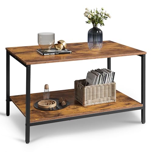 WLIVE Kleiner Couchtisch fürs Wohnzimmer, 80 cm Wohnzimmertisch mit Ablage und Metallrahmen, 2-Stufiger Coffee Table für Kleine Räume, Balkon, Büro, Rustikales Braun