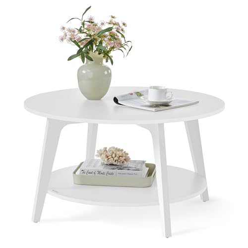 VASAGLE Couchtisch rund, Wohnzimmertisch 2 Ebenen, Kaffeetisch für Wohnzimmer, 80 cm d, 45 cm H, einfach zu montieren, schneeweiß LCT243W14