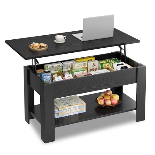 WLIVE Couchtisch mit Stauraum, Wohnzimmertisch Höhenverstellbar mit Verstecktem Staufach und Ablagefläche, Wohnzimmer Tisch für Couch,98 x 48cm Sofatisch, Schwarz