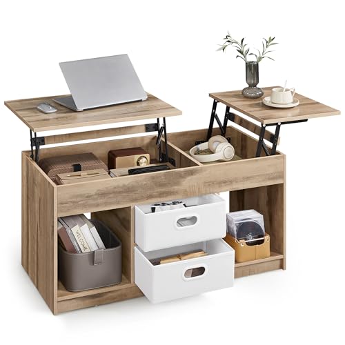 VASAGLE Couchtisch, höhenverstellbarer Wohnzimmertisch, 2 Schubladen und versteckte Fächer, Kaffeetisch, offene Fächer, für Wohnzimmer, Homeoffice, Kamelbraun-wolkenweiß LCT210L01