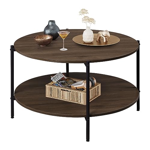 WLIVE Couchtisch Rund mit 2 Ebenen, Wohnzimmertisch Holz, Stubentisch mit Metallrahmen, für Wohnzimmer, Schlafzimmer, Modern Design, Braune Walnuss