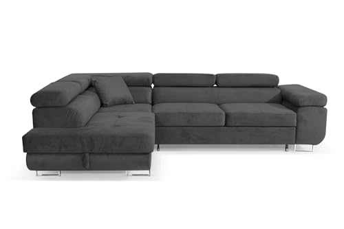Ecksofa Aller L-Form mit Schlaffunktion und Bettkasten in Jasmine, Links Ottomane (Dunkelgrau)