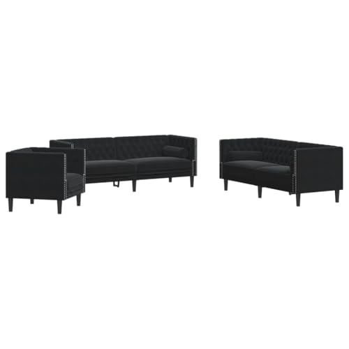 vidaXL Chesterfield Sofa Set mit Nackenrollen 3-TLG., Sofagarnitur mit Kissen, Sitzgruppe für Wohnzimmer, Polstersofa Couch Sessel, Schwarz Samt