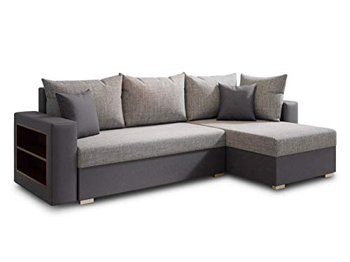 Ecksofa Lord mit Regal und Schlaffunktion - Sofa mit Bettkasten, Schlafsofa, Polsterecke, Couch L-Form, Couchgarnitur, Sofagarnitur (Grau + Grau (Dolaro 04 + Berlin 01), Ecksofa Rechts)