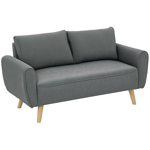 HOMCOM Zweisitzer Sofa mit 2 Kissen, Polstersofa mit 54cm extra tiefen Sitzen, Doppelsofa aus Cord, klein Sofa mit Holzrahmen 2er Couch für Wohnzimmer Schlafzimmer Büro, 145 x 75 x 78 cm, Dunkelgrau
