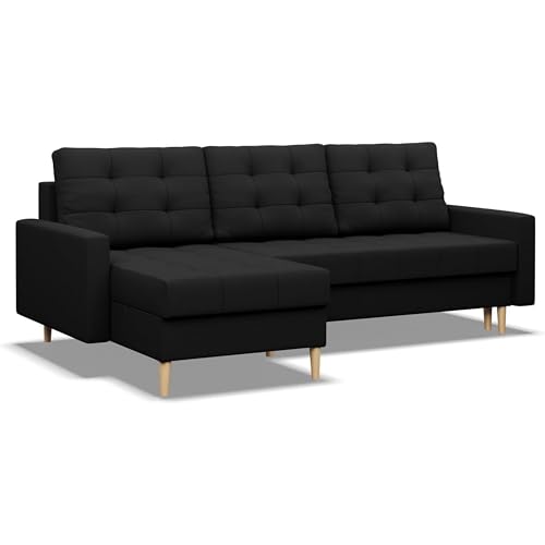 Mebligo - Ecksofa mit Schlaffunktion und Bettkasten Elma, Eckcouch Universelle Seite, Sofa L Form (BxTxH) 223 x 140 x 88 cm, Couch Wohnzimmer, Ecke Sofa, Schwarz (Lux 23)