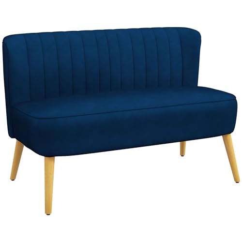 HOMCOM Sofa 2 Sitzer Couch, Kleine Loveseat mit Samt-Optik Modern Polstersofa für Wohnzimmer, Schlafzimmer, kleinen Raum, Blau 117 x 56,5 x 77 cm