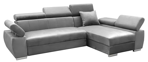 MEBLE-LUX - Ecksofa OTTO, Eckcouch mit Schlaffunktion, Federkern, Verstellbare Kopfstützen, Einfacher Klappmechanismus, Bettfunktion, Zusätzlicher Stauraum, Plüsch Grau, Rechts