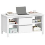 Hzuaneri Couchtisch, Wohnzimmertisch mit 2 Schubladen und 4 offenen Fächern, Sofatisch, Stahlbeine, für das Wohnzimmer, 50 x 100 x 50 cm, Weiß-Silber CT22003W