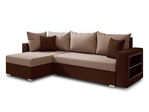 Ecksofa Lord mit praktischen Regal - Sofa mit Bettkasten und Schlaffunktion, Schlafsofa, Polsterecke, Couch L-Form, Couchgarnitur, Sofagarnitur (Braun + Beige (Alova 68 + 07), Ecksofa Links)