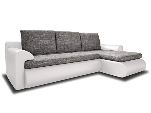 Ecksofa Santi - Polsterecke L-Form, Schlafsofa mit Bettkasten, Couchgarnitur mit Schlaffunktion, Couch, Sofa, Sofagarnitur (Weiß + Grau (Madryt 120 + Berlin 01), Ecksofa Rechts)