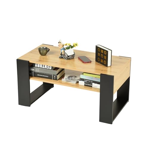FURNITABLE Wohnzimmer Tisch für Couch, Moderner Couchtisch mit Zusätzlicher Ablagefläche,Kaffeetisch Sofatisch für Wohnzimmer, Farbe Eiche