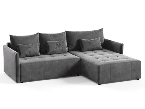 Ecksofa Leno L mit Schlaffunktion und Bettkasten - L-Form Couch, Polstersofa, Schlafsofa, Sofagarnitur - Velours Stoff (Dunkelgrau (Kronos 22))