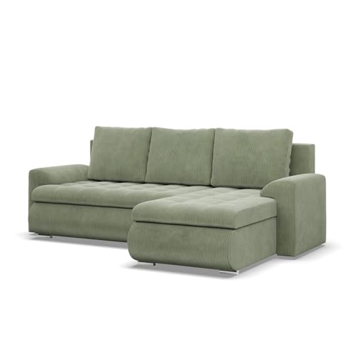 Mebligo - Ecksofa mit Schlaffunktion und 2 Bettkasten Cord - Grün 230x89x159 (BxHxT) FORESTA - Rechts Eckcouch, Sofas & Couches, Couch L Form, Cauchsofa, Sofa Wohnzimmer