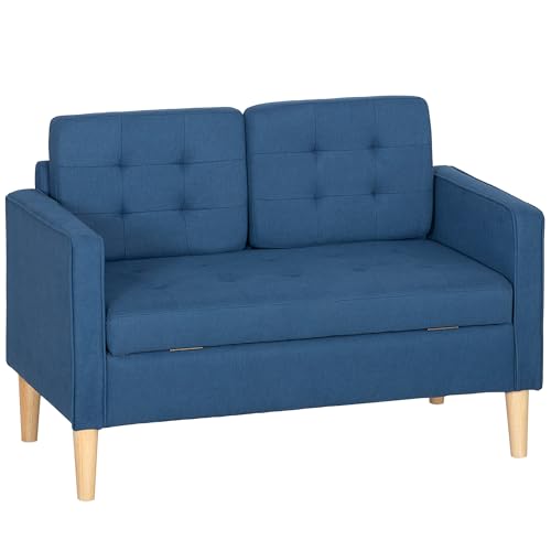 HOMCOM 2 Sitzer Sofa, Couch mit Stauraum, Holzbeine, Gepolsterter Polstersofa mit Samtoptik für Wohnzimmer, Schlafzimmer, 117x 62 x 78 cm, Blau