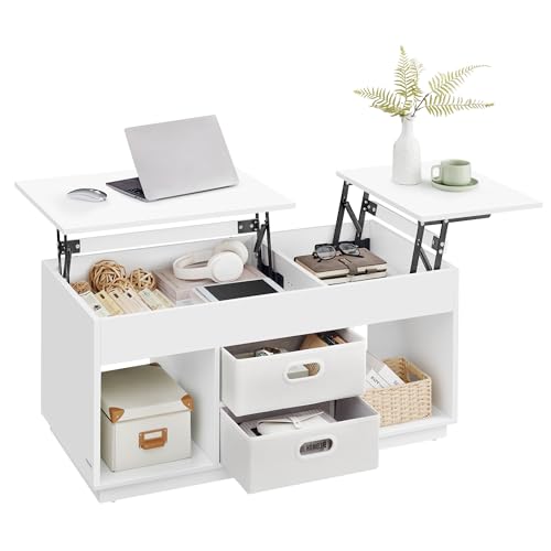 VASAGLE Couchtisch, höhenverstellbarer Wohnzimmertisch, 2 Schubladen und versteckte Fächer, Kaffeetisch, offene Fächer, für Wohnzimmer, Homeoffice, schneeweiß LCT210W01