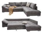 Wunderschönes Cord Ecksofa mit Schlaffunktion, Wellenunterfederung, gemütliches L-Sofa B298/T202/H84 cm, Longchair Ottomane rechts, Couch mit Cordstoff in Grau, 2 Zierkissen in Beige / 17201