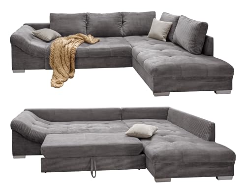 Wunderschönes Cord Ecksofa mit Schlaffunktion, Wellenunterfederung, gemütliches L-Sofa B298/T202/H84 cm, Longchair Ottomane rechts, Couch mit Cordstoff in Grau, 2 Zierkissen in Beige / 17201