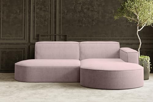 Kaiser Möbel - Ecksofa mit Wohnlandschaft, Eckcouch L-Form, Sofa 3-sitzer, Polstersofa, Bequemes Couch mit Ottomane für Wohnzimmer, Relaxsofa, Stilvolles Cord Sofa, Modena Studio, Rosa, Rechts