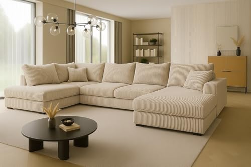 A&J MöbelLand Ecksofa Fabio 328x182 cm mit Schlaffunktion, Bonellfederkern und Bettkasten in Cappuccino – modernes Schlafsofa mit Stauraum