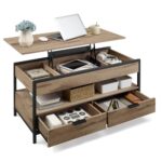 VASAGLE Couchtisch, höhenverstellbarer Wohnzimmertisch, Kaffeetisch, mit Schubladen, offenes Fach, 50 x 100 cm, Kamelbraun-tintenschwarz LCT209K02