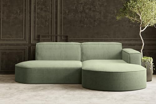 Kaiser Möbel - Ecksofa mit Wohnlandschaft, Eckcouch L-Form, Sofa 3-sitzer, Polstersofa, Bequemes Couch mit Ottomane für Wohnzimmer, Relaxsofa, Stilvolles Cord Sofa, Modena Studio, Hellgrün, Rechts
