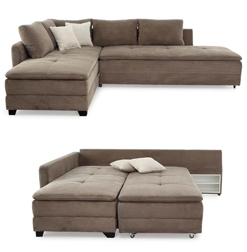 Federkern Ecksofa B306/T223/H95 cm Dauerschläfer, Doppelbett Schlaffunktion, Kaltschaum-Topper, Bettkasten, Nachtkonsole, Schwenkteil links oder rechts montierbar, Bezug Cord Braun Taupe / 15162