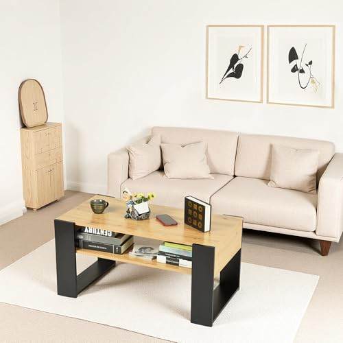 H.J WeDoo Wohnzimmertisch für Couch, 92cm Modern Couchtisch, Beistelltisch Holz mit Stauraum, Klein Kaffeetisch für Wohnzimmer, Balkon, Arbeitszimmer