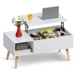 WLIVE Couchtisch Höhenverstellbar und Ausziehbar, Wohnzimmertisch mit Großem Verstecktem Staufach, Hebeplatte Kaffeetisch für Büro,50 x 100cm Sofatisch, Weiß