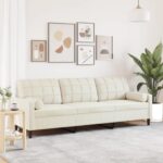 Emmtore Sofa 3-Sitzer, Couch mit Zierkissen Armlehnen Metallgestell, Polstersofa für Wohnzimmer, Loungesofa Sitzmöbel Modern Samt Creme,210 cm
