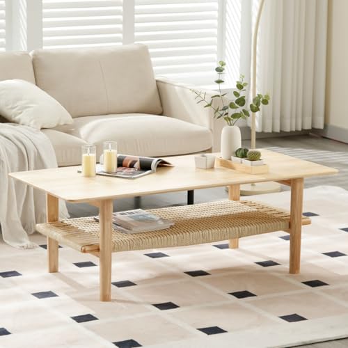 Ya-Home Couchtisch Holz mit Hanfseil Ablage Wohnzimmertisch 2 Ebenen Kaffeetisch Wohnzimmer, 120 x 55 x 42 cm, Naturholz