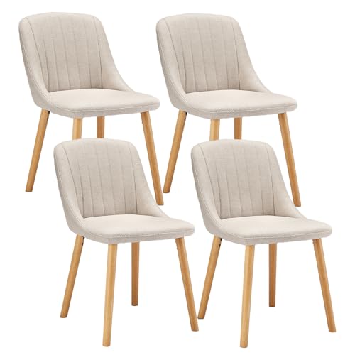 Goeurvant Esszimmerstühle Beige 4er Set Holzbeine Polsterstuhl Küchenstuhl aus Polyester Stühle Esszimmer Wohnzimmerstuhl für Esszimmer Küche Büro