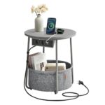 VASAGLE Beistelltisch rund, Kleiner Tisch, Couchtisch mit Steckdose, Wohnzimmertisch, Korb aus Stoff, Stauraum für Wohnzimmer Schlafzimmer, Nachttisch modern, Taubengrau-schiefergrau LET228G02