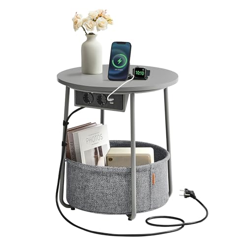 VASAGLE Beistelltisch rund, Kleiner Tisch, Couchtisch mit Steckdose, Wohnzimmertisch, Korb aus Stoff, Stauraum für Wohnzimmer Schlafzimmer, Nachttisch modern, Taubengrau-schiefergrau LET228G02