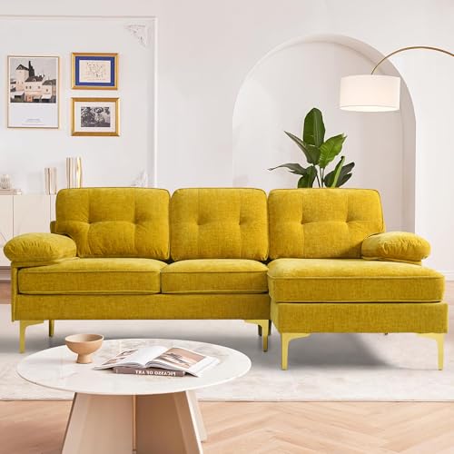 DUANDUAN Ecksofa 3-Sitzer Sofas 210cm breit Polsterecke mit Federkern Kissen und Rückenlehnen abnehmbar und waschbar - Chaiselongue beidseitig montierbar Couch L-Form fürs Wohnzimmer (Gelb)