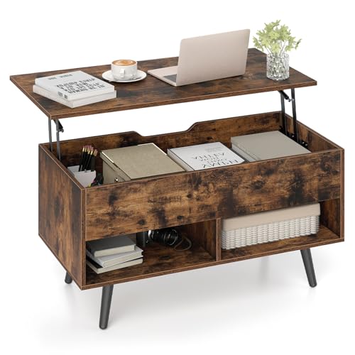COSTWAY Couchtisch höhenverstellbar, Sofatisch mit anhebbarer Tischplatte & 2 offenen Regalen, ausziehbarer Wohnzimmertisch Kafeetisch aus Holz für Wohnzimmer, Büro, 80 x 40 x 46-60cm (Braun)