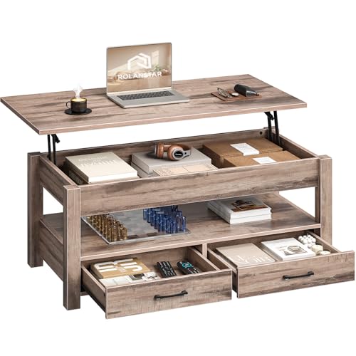 Rolanstar Couchtisch Höhenverstellbar, Couchtisch mit 2 Schublade, Hubplatte, Wohnzimmertisch mit Verstecktes Ablagefach, für Wohnzimmer