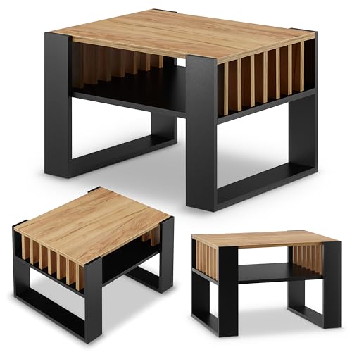 defiPad Wohnzimmertisch für Couch | Klein Couchtisch Schwarz Eiche mit Stauraum | Modern Tisch Wohnzimmer mit Lamellas| Coffee Table | Kleiner Tisch | 65CM Breite Kaffeetisch | Stabil Stubentisch