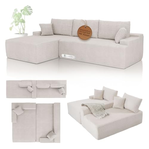 Juskys Sofa Coredo - modernes Cord Sofa mit Ottomane rechts, gemütliche Couch mit Schaumstoffpolsterung, Cordbezug & Kissen, modular - Beige